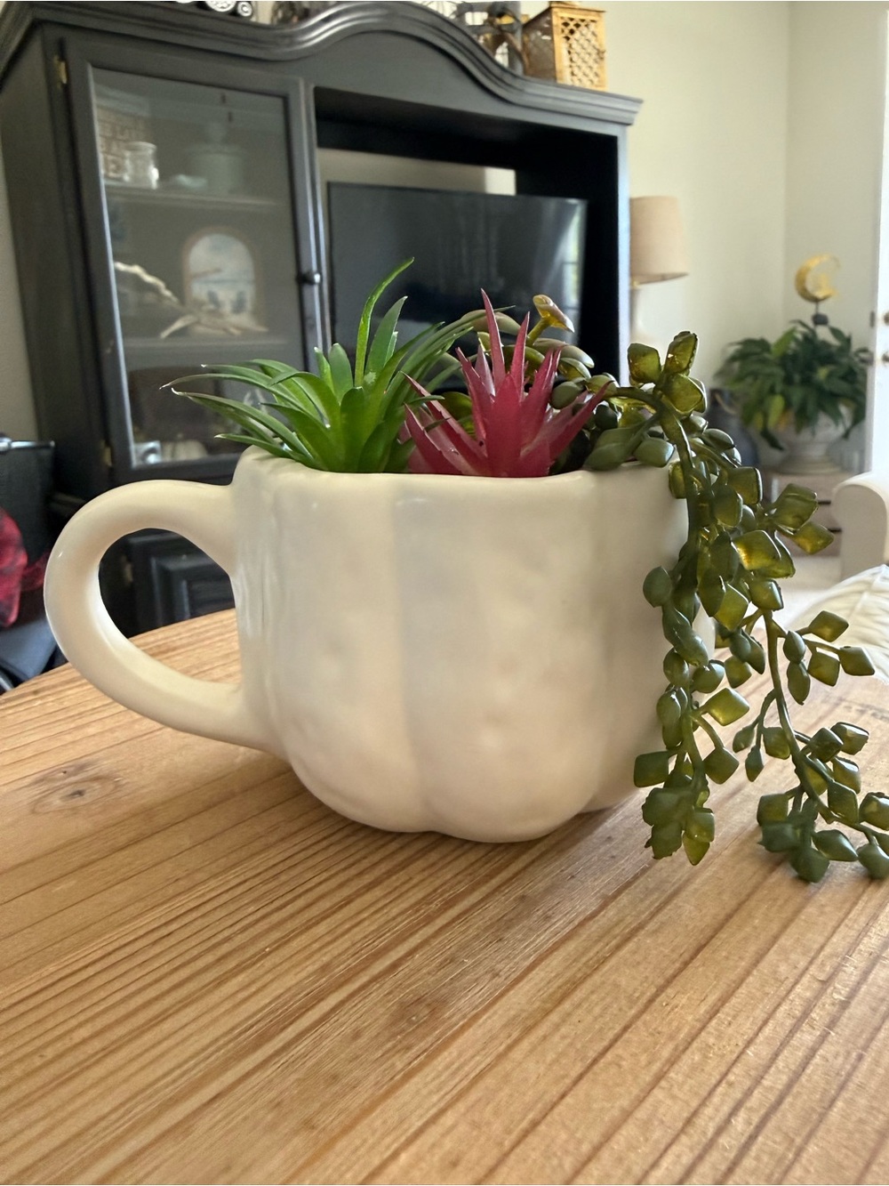 White Ceramic Pumpkin Mug Planter with Handle- removable succulent floral piece
